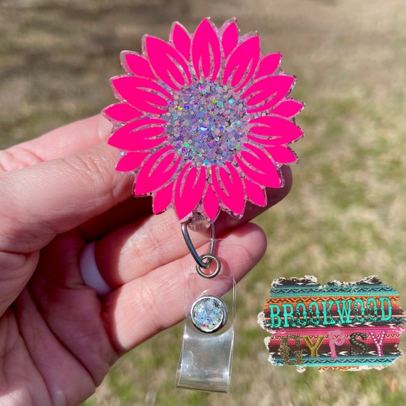 Sunflower Badge Reel,hot Pink Sunflower Badge Reel,glitter Badge