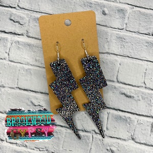 Glitter Earrings,Lightening Bolt Earrings,Western earrings,Womans Earrings,Womans Jewelry,Black Iridescent, Leather Earrings,Genuine Leather