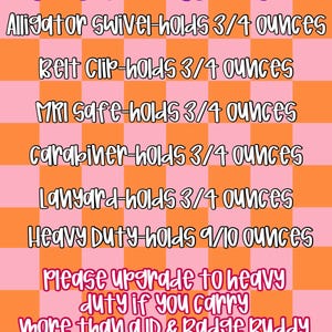 May include: A pink and orange checkered background displays text detailing various badge reel types: alligator swivel, belt clip, MRI safe, carabiner, lanyard, and heavy duty. The text includes weight capacity in ounces.