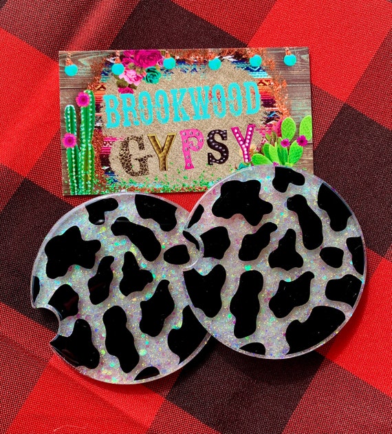 Cow Print Car Coasters,Cow Print,Car Coasters,Auto Coasters,Glitter Auto Accessories,Black & White Accessories,Cow Print Accessories