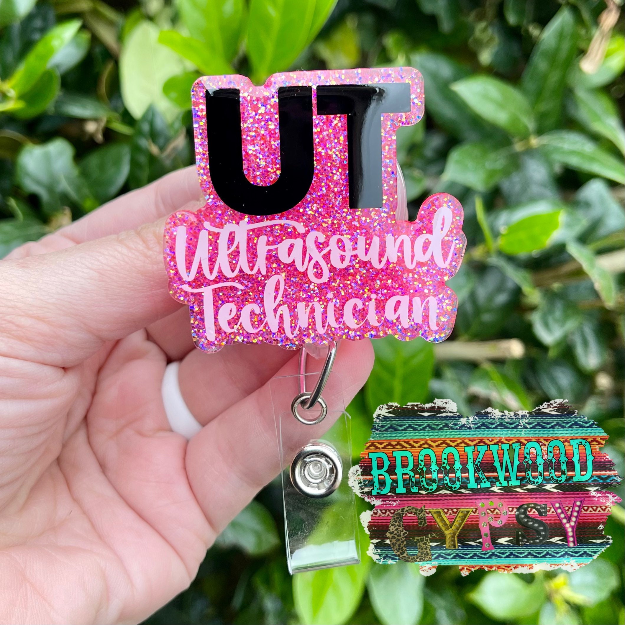 Ultrasound Technician Retractable Silvery Glitter Badge Reel