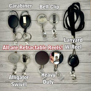 May include: A selection of retractable reels with various fittings, such as carabiner, belt clip, and lanyard. The image also displays alligator swivel and heavy-duty types. Text on the image reads "All are Retractable Reels! W/Reel".