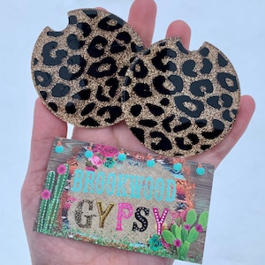 Leopard Print Car Coasters-Glitter Car Accessories-Leopard Car Accessories-Leopard Spots Car Coasters-Car Accessories-Leopard Car Accessory