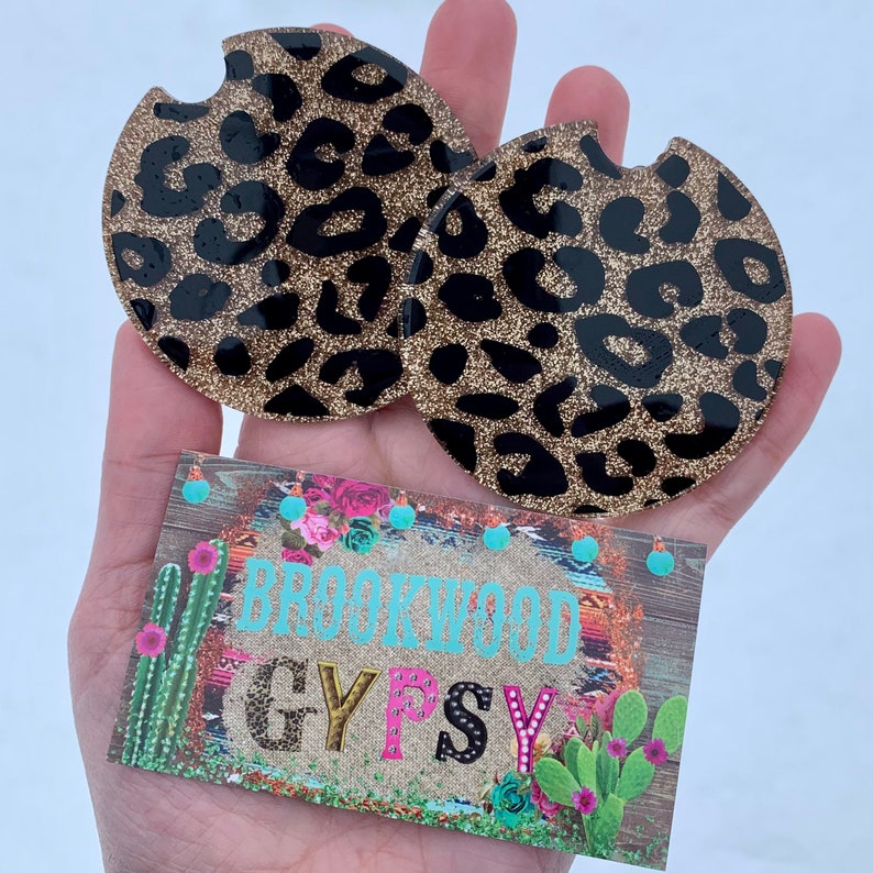 Leopard Print Car Coastersglitter Car Accessoriesleopard Car Etsy