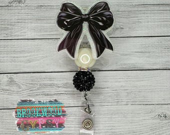 Coquette Bow Badge Reel,Girly Badge Reel,Nurses Badge Reel,Nurses Gift,Badge Reel,Bow Badge Reel,Black Bow,Black Coquette Bow,Beaded Badge