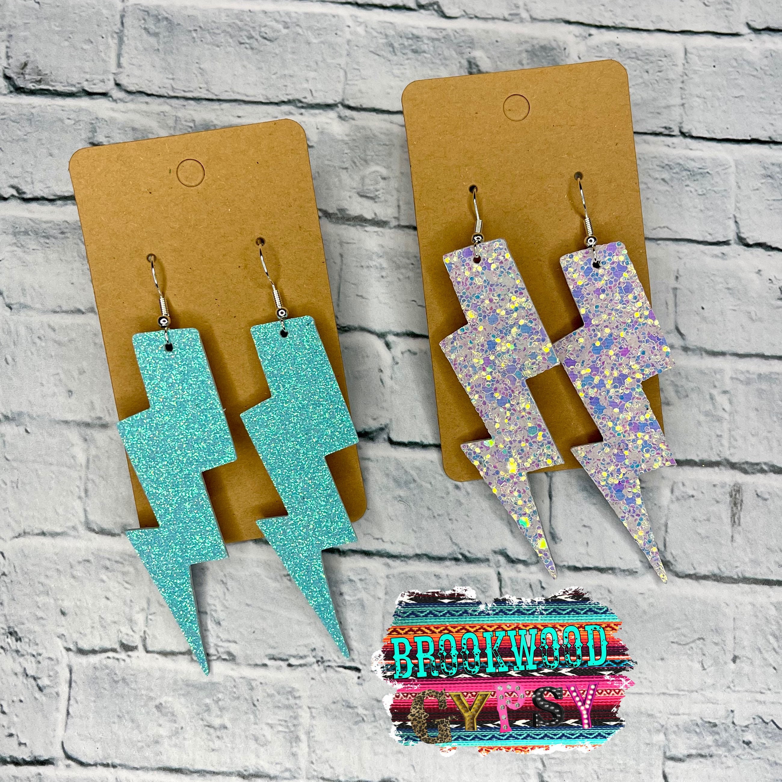 Glitter Earring,Lightening Bolt Earrings,Western Earrings,Womans Earrings,Womans Jewelry,White Glitter,Leather Earrings,Glitter Leather