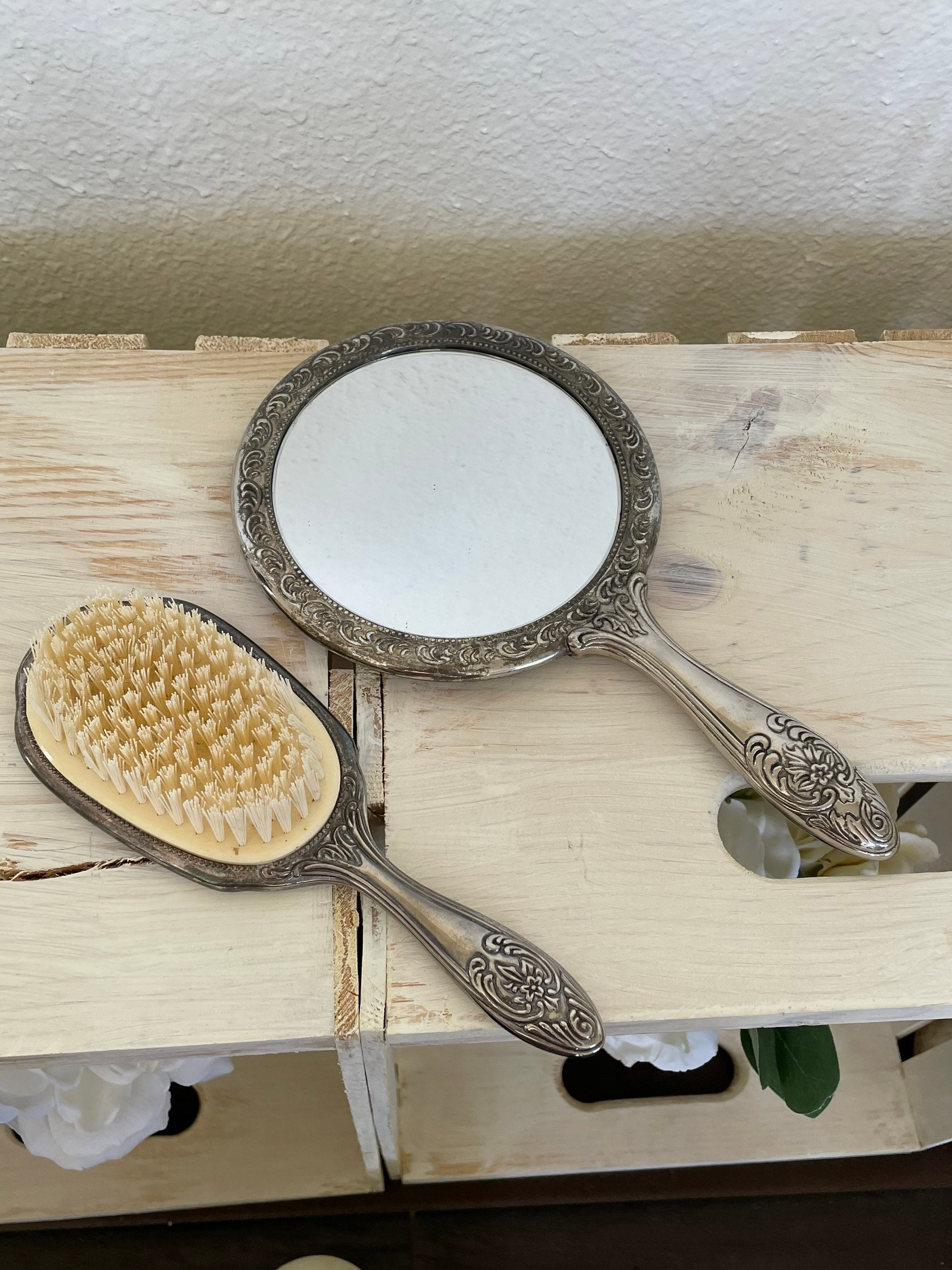 Victorian Antique Hand Mirror and Brush Etsy