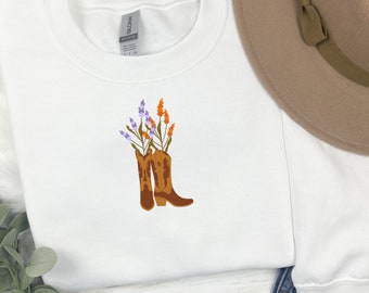 Sudadera de botas de vaquera occidental, sudadera de flores silvestres, sudadera de flores, camisa botánica, sudadera de planta, camisa de botas de vaquera