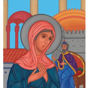 Può includere: Una donna con una veste blu e un velo rosa sta in piedi con le mani giunte davanti a sé. Guarda in basso con un'espressione triste. Un uomo con una veste blu e un mantello viola siede su un trono dietro di lei. Sta guardando la donna e gesticolando con la mano destra.