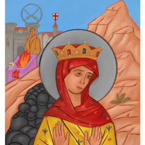 Puede incluir: Ilustración de una mujer con corona y velo rojo, con una prenda dorada y amarilla estampada. Un halo rodea su cabeza. El fondo incluye una fortaleza, una pira ardiente y una montaña.