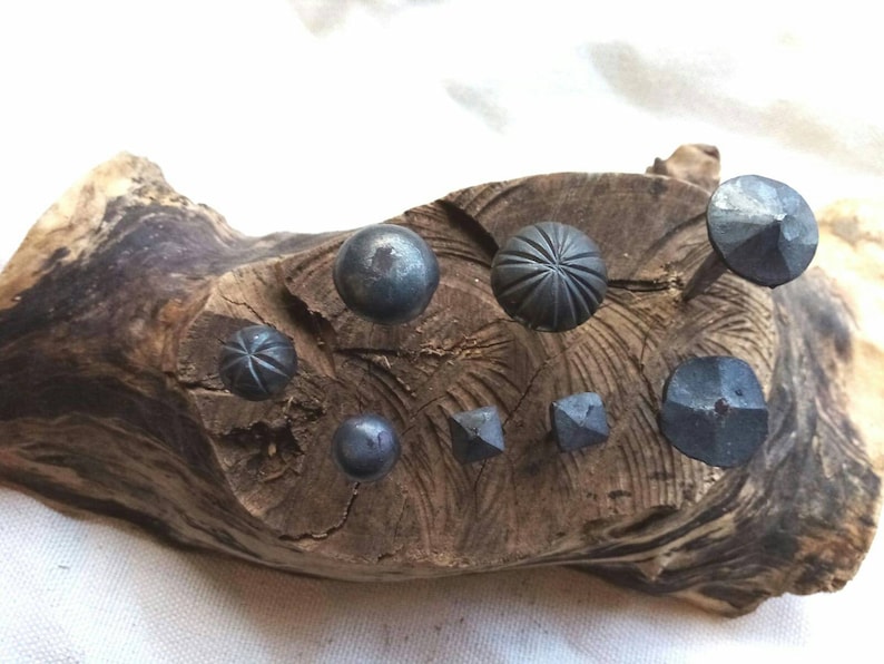 May include: A collection of eight hand-forged metal nails with different head designs, displayed on a piece of driftwood.