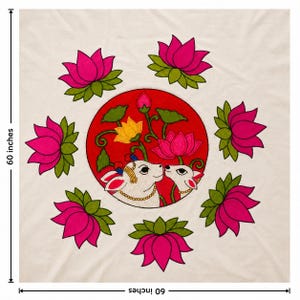 May include: A square off-white textile measuring 60 inches by 60 inches, featuring a central red circle with two white cows and lotus flowers. Six pink lotus blossoms with green leaves are arranged in a circular pattern around the center.