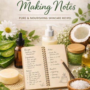 May include: An image featuring skincare making notes with various ingredients and products. A notebook displays a recipe for a soothing aloe moisturizer. Other items include a jade roller, essential oils, and a jar of sea salt.