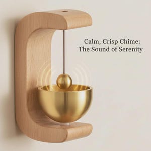 Peut inclure: Un carillon mural en bois clair avec un bol en métal doré et une sphère dorée suspendue. Le texte "Calm, Crisp Chime: The Sound of Serenity" est imprimé à côté de l'objet, qui affiche des anneaux graphiques d'ondes sonores.
