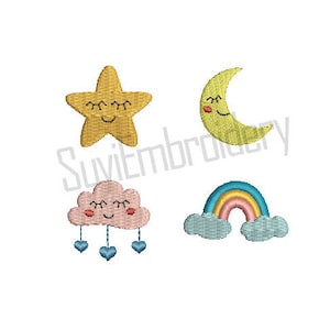 May include: A set of four embroidered designs featuring a yellow star, a yellow crescent moon, a pink cloud with blue raindrops, and a rainbow with blue clouds. Each design has a smiling face with closed eyes.