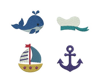 8 Sizes-Mini Nautical-Whale-Cap-Sailboat-Anchor-Machine Embroidery Design Set--Instant download