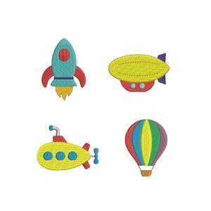 May include: A set of four embroidered patches featuring different modes of transportation: a red, yellow, and blue rocket, a yellow airship, a yellow submarine, and a multi-colored hot air balloon.