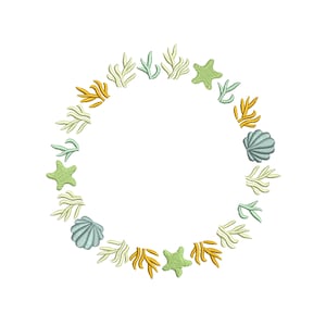 May include: An embroidered circular design featuring sea life elements. The design includes green starfish, blue seashells, and yellow and green seaweed. The elements are arranged in a circle, creating a decorative border. The design is on a white background.