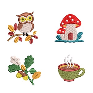 May include: Four embroidered patches featuring autumn-themed designs. An owl perched on a branch, a mushroom house, a sprig of acorns and oak leaves, and a cup of hot coffee with steam rising.