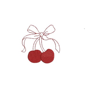 Puede incluir: Dos cerezas rojas con un lazo blanco atado alrededor de sus tallos.