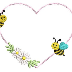 May include: A pink heart-shaped frame with two yellow and black bees and white daisies. The bees have blue wings and smiling faces.
