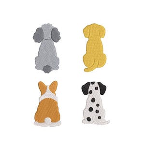 Peut inclure: Quatre motifs de chiens brodés. L'image présente le dos d'un caniche gris, d'un labrador jaune, d'un corgi avec des marques orange et blanches et d'un dalmatien avec des taches noires.