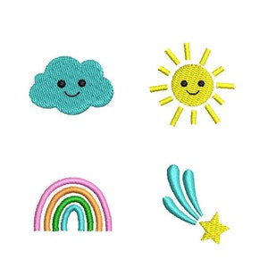Puede incluir: Un conjunto de cuatro parches bordados que representan un sol sonriente, una nube sonriente, un arcoíris y una estrella fugaz. Los parches son perfectos para añadir un toque de fantasía a la ropa, los bolsos u otros accesorios.