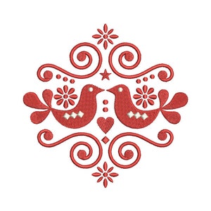 May include: Red embroidered design featuring two stylized birds facing each other with hearts and floral accents.