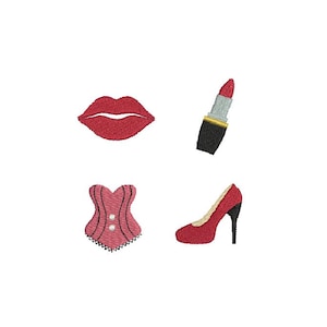 8 tailles-Mini Beauty-(lèvres, rouge à lèvres, corset, chaussures à talons hauts) ensemble de motifs de broderie machine--téléchargement instantané