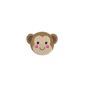 May include: A brown monkey face with pink cheeks and a smiling mouth. The monkey has large, round eyes and small, brown ears.