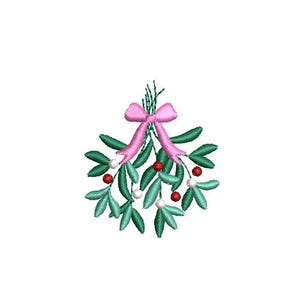 Könnte beinhalten: Ein grüner Mistelzweig mit roten Beeren und weißen perlmuttartigen Beeren, gebunden mit einer rosa Schleife.