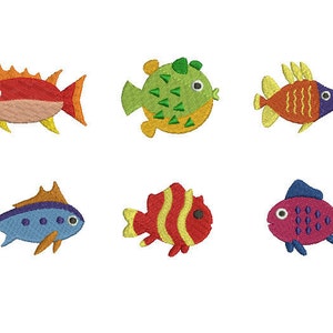 May include: Six colourful cartoon fish illustrations. The fish are in various styles, including a pufferfish, a clownfish, and a blue fish with a fin.