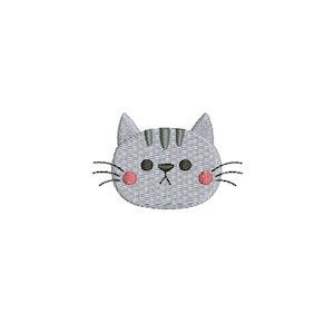 May include: A gray cat face with pink cheeks and black eyes. The cat has a black nose and whiskers.