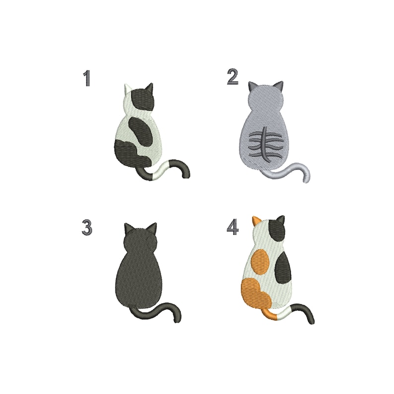 May include: Four different embroidery designs of cats sitting with their tails curled. The cats are in various color combinations of black, white, gray, and orange.