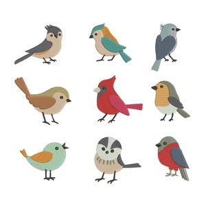 Puede incluir: Nueve ilustraciones bordadas de pájaros en varios colores, incluyendo azul, rojo, verde, marrón y gris. Todos los pájaros miran hacia adelante y tienen diferentes poses.