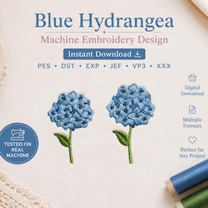 Mini Blue Hydrangea Machine Embroidery-Flower Embroidery File--Vintage Botanical Flower-7 Sizes-Digital Pattern