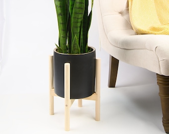 Mid Century Planter with Stand - 8" Ceramic Pot - Wood Stand - Natural Color