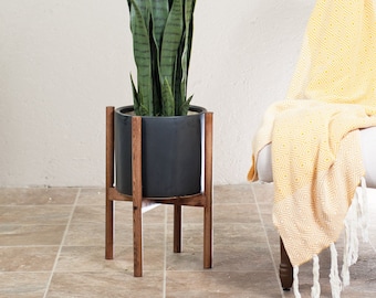 Home decorative Black Planter with stand - Mid Century Modern - 10 inch ceramic planter - Dark Walnut, Honey and Natural Wood Plant Stand