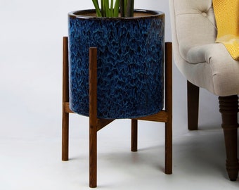 Large Plant Stand with Pot - Mid century modern planter - Wood Plant Stand - 13" Plant Pot Peacock Blue- Mid Century Modern Indoor Plant Pot