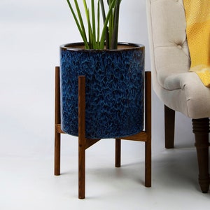 Large Plant Stand with Pot - Mid century modern planter - Wood Plant Stand - 13" Plant Pot Peacock Blue- Mid Century Modern Indoor Plant Pot