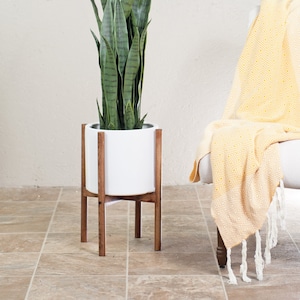 May include: A potted snake plant with green leaves sits on a wooden plant stand. The plant is in a white ceramic pot. The stand has four legs and is made of dark brown wood.