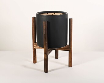 8" Ceramic Pot with wood stand - Mid Century Planter with Stand - Ceramic Planter - Wood Stand - Dark Walnut Color