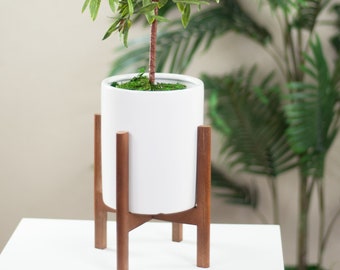 Ceramic Cylinder Planter and Stand - Plant Stand With Planter 6&#39;&#39; White - Plant Stand Square Walnut - Mid Century Modern Plant Stand