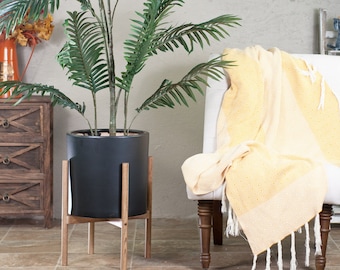 Statement Planter - Large Ceramic Planter with Wood Stand - Mid-Century Modern - 13" White, Black or Grey Ceramic Pot - Special Walnut