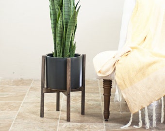 Large Ceramic Planter and Stand-Plant Stand With pot -10'' planter-Ebony -Mid Century Modern Plant Stand-Cylinder Pot