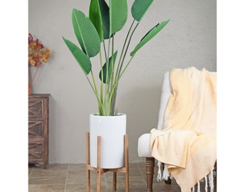Tall Mid Century Modern plant stand - 10'' ceramic planter - indoor flower pot - Wood Plant Stand - Cylinder Planter - Housewarming Gift
