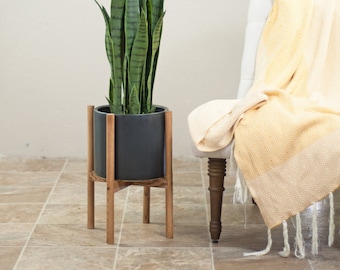 10 inches Pot with stand - Mid Century Modern Plant Stand - Large Planter - Cylinder Pot - 10” Pot - Modern Decor - Chestnut
