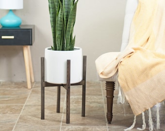 Large Ceramic Planter with Stand-Plant Stand With Planter-Plant Stand-10'' Pot- Mid Century Modern-Cylinder Pot-Ebony