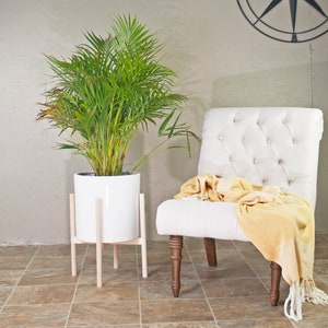 Large Modern planter with Stand/Ceramic Cylinder Pot 13'' White Plant Stand Natural Color/Mid-century Plant Stand With Pot/Planter and Stand