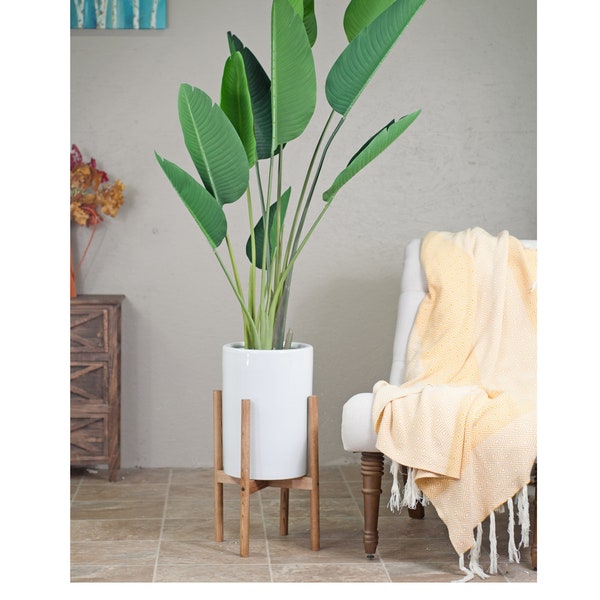 Tall Mid Century Modern plant stand - 10'' ceramic planter - indoor flower pot - Wood Plant Stand - Cylinder Planter - Housewarming Gift